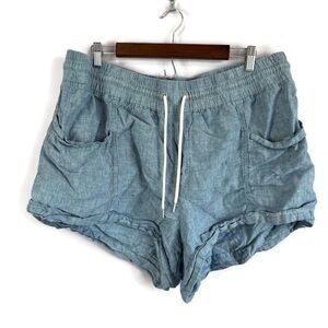 ATHLETA CABO Drawstring Elastic Waist 4" Linen Shorts Blue Chambray Size 18